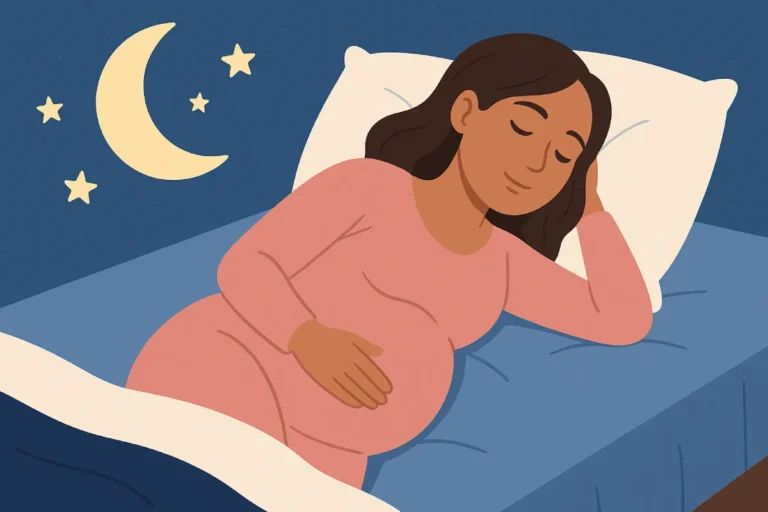 Cara Tidur Berkualitas Untuk Ibu Hamil dengan ibu hamil tidur nyenyak di atas kasur dengan posisi yang nyaman, bantal pendukung, dan suasana kamar yang tenang.