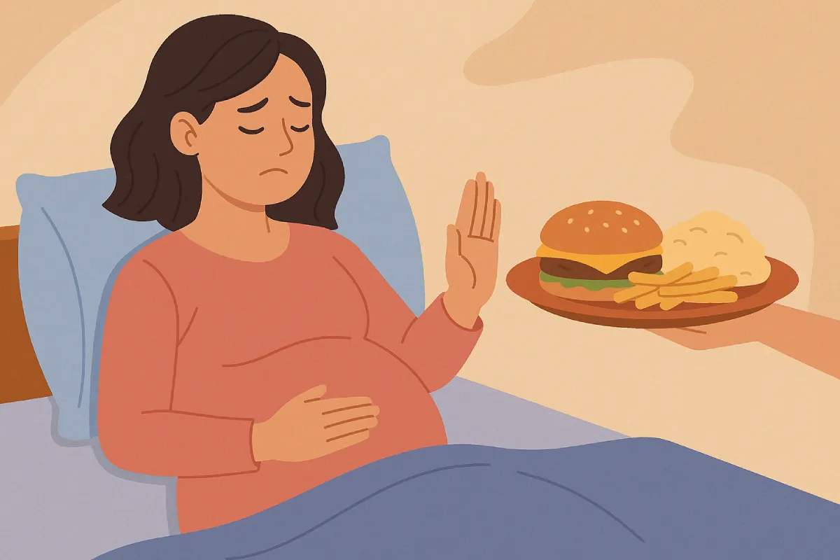 Hindari Makanan Berat Sebelum Tidur untuk Ibu Hamil dengan ibu hamil duduk di meja makan, memilih camilan ringan di malam hari dengan suasana kamar yang tenang dan jam yang menunjukkan waktu mendekati tidur.
