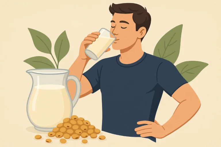 manfaat susu kedelai untuk pria melalui simbol kesehatan, otot, dan energi, menggambarkan nutrisi alami dari bahan nabati.