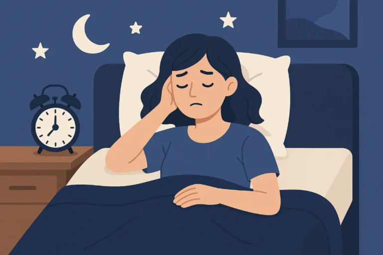 Seorang wanita terlihat kesulitan tidur di tempat tidurnya, dengan tangan memegang dahinya, menunjukkan pentingnya menerapkan tips agar cepat tidur untuk mendapatkan kualitas istirahat yang baik.