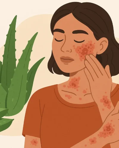 Seorang wanita dengan kulit terkena eksim sedang mengoleskan gel lidah buaya (Aloe Vera) pada wajahnya, menunjukkan manfaat lidah buaya untuk kulit eksim.