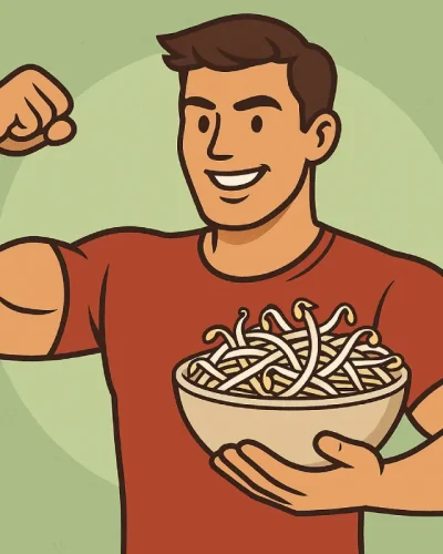 manfaat toge untuk pria dengan gambar toge segar di atas piring, disandingkan dengan simbol kesehatan seperti jantung kuat, energi tinggi, dan hormon seimbang.