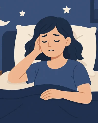 Seorang wanita terlihat kesulitan tidur di tempat tidurnya, dengan tangan memegang dahinya, menunjukkan pentingnya menerapkan tips agar cepat tidur untuk mendapatkan kualitas istirahat yang baik.